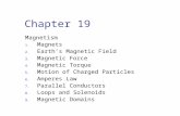 Chapter 19 Magnetism 1. Magnets 2. Earth’s Magnetic Field 3. Magnetic Force 4. Magnetic Torque 5. Motion of Charged Particles 6. Amperes Law 7. Parallel.