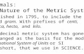 Decimals: The Nature of the Metric System Established in 1795, to include the meter, liter, and gram. With prefixes of centi, deci, deca, hecto, and kilo.