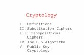 Cryptology I.Definitions II.Substitution Ciphers III.Transpositions Ciphers IV.The DES Algorithm V.Public-Key Cryptology.