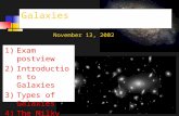 Galaxies 1)Exam postview 2)Introduction to Galaxies 3)Types of Galaxies 4)The Milky Way November 13, 2002.