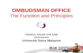 OMBUDSMAN OFFICE The Function and Principles KHAIRUL ANUAR CHE AZMI Ombudsman Universiti Sains Malaysia.