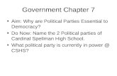 Government Chapter 7 Aim: Why are Political Parties Essential to Democracy? Do Now: Name the 2 Political parties of Cardinal Spellman High School. What.