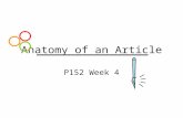 Anatomy of an Article P152 Week 4. Three types of articles Reports of empirical studies Literature reviews/meta-analyses –Statistical reviewing procedure.