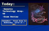 Today: Genetic Technology Wrap-up Exam Review Remember: Final Exam is Wednesday, 12/13 at 1 pm!