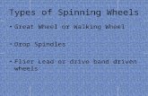 Types of Spinning Wheels Great Wheel or Walking Wheel Drop Spindles Flier Lead or drive band driven wheels.