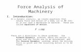 Force Analysis of Machinery I.Introduction: In a dynamic analysis, we create equations that relate force and motion of a body (as in ME 233) or in our.