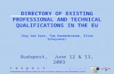 DIRECTORY OF EXISTING PROFESSIONAL AND TECHNICAL QUALIFICATIONS IN THE EU (Guy Van Gyes, Tom Vandenbrande, Ellen Schryvers) Budapest, June 12 & 13, 2003.