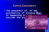 Consciousness The awareness of, or the possibility of knowing what is happening inside or outside the organism.