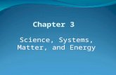 Science, Systems, Matter, and Energy Chapter 3.  Science as a process for understanding  Components and regulation of systems  Matter: forms, quality,