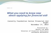 FINANCIAL AID What you need to know now about applying for financial aid! Connelly Foundation Senior Financial Aid Night November 17, 2014 Presented by: