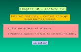 1)Test the effects of IV on DV 2)Protects against threats to internal validity Internal Validity – Control through Experimental Design Chapter 10 – Lecture.
