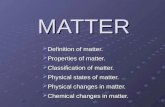 MATTER  Definition of matter.  Properties of matter.  Classification of matter.  Physical states of matter.  Physical changes in matter.  Chemical.