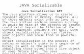 JAVA Serializable Java Serialization API The Java platform allows us to create reusable objects in memory. However, all of those objects exist only as.