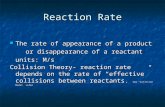 Reaction Rate The rate of appearance of a product The rate of appearance of a product or disappearance of a reactant or disappearance of a reactant units: