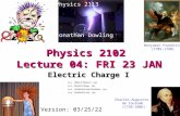 Physics 2102 Lecture 04: FRI 23 JAN Electric Charge I Physics 2113 Jonathan Dowling Charles-Augustin de Coulomb (1736–1806) Version: 10/7/2015 Benjamin.