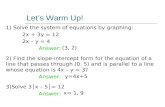 Let’s Warm Up! 1) Solve the system of equations by graphing: 2x + 3y = 12 2x – y = 4 Answer: 2) Find the slope-intercept form for the equation of a line.