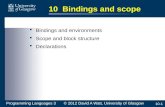 10-1 10 Bindings and scope  Bindings and environments  Scope and block structure  Declarations Programming Languages 3 © 2012 David A Watt, University.