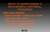 KEYS TO MAINTAINING A SUCCESSFUL FOOTBALL PROGRAM NEW CHALLENGES: 2003- EVANGEL CHRISTIAN- HOME 2004- DAPHNE- AWAY 2005- ESPN- NEASE- HOME MTV DOCUMENTARY.