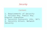 Security Content 1. Requirements of Security 2. Private Key, Public Key, Digital Signature 3. Security Protocols (SSL, SET) 4. Security Attack, Network.