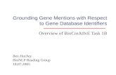 Grounding Gene Mentions with Respect to Gene Database Identifiers Ben Hachey BioNLP Reading Group 18.07.2005 Overview of BioCreAtIvE Task 1B.