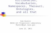 Dictionaries, Vocabularies, Namespaces, Thesauri, Ontologies, and all that Rob Raskin NASA/Jet Propulsion Laboratory Raskin@jpl.nasa.gov June 21, 2011.