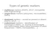Types of genetic markers multilocus markers (RAPD, AFLP, minisatelitte DNA fingerprinting) single-locus markers (allozymes, microsatelittes, SNPs) dominant.