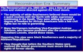 Reconstruction Era: Summary The Reconstruction era, 1863-1877, was a time of political crisis and violence directed against the freed slaves.  The majority.