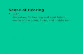 Sense of Hearing Ear -important for hearing and equilibrium -made of the outer, inner, and middle ear.