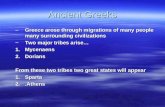 Ancient Greeks –Greece arose through migrations of many people many surrounding civilizations –Two major tribes arise… 1.Mycenaens 2.Dorians From these.