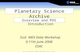 Planetary Science Archive Overview and PDS Introduction 3rd MEX Data Workshop 9-11th June 2008 ESAC Dave Heather (dheather@rssd.esa.int)