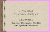 LING 2023 Discourse Analysis LECTURE 2 Types of Discourse: Written and Spoken Discourse.