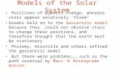 Models of the Solar System Positions of planets change, whereas stars appear relatively ‘fixed’ Greeks held on to the Geocentric model because they could.