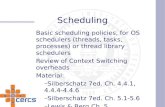 Scheduling Basic scheduling policies, for OS schedulers (threads, tasks, processes) or thread library schedulers Review of Context Switching overheads