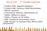 9/2 & 9/3 - 7 th Grade Agenda Collect HW: Signed Syllabus Collect HW: Science Skill Worksheet Metric System Classwork: Metrics Worksheet #2 Video: Where.