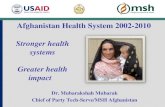Stronger health systems Greater health impact Dr. Mubarakshah Mubarak Chief of Party Tech-Serve/MSH Afghanistan Afghanistan Health System 2002-2010.
