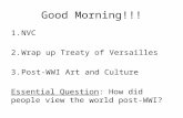 Good Morning!!! 1.NVC 2.Wrap up Treaty of Versailles 3.Post-WWI Art and Culture Essential Question: How did people view the world post-WWI?