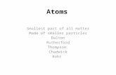 Atoms Smallest part of all matter Made of smaller particles Dalton Rutherford Thompson Chadwick Bohr.