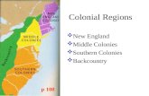 Colonial Regions  New England  Middle Colonies  Southern Colonies  Backcountry p 108.