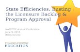 State Efficiencies: Busting the Licensure Backlog & Program Approval NASDTEC Annual Conference June 9, 2015 Brian Devine.