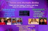 There are two types of twins, and they occur in two different ways… Fraternal twins not identical two eggs are fertilized at the same time Identical twins.