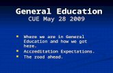 General Education CUE May 28 2009 General Education CUE May 28 2009 Where we are in General Education and how we got here. Where we are in General Education.