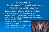 Chapter 8 Business Organizations Starting A Business  Businesses begin with an idea.  Entrepreneur – person who organizes, manages, and assumes the risks.
