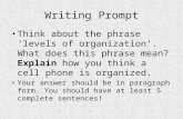 Writing Prompt Think about the phrase ‘levels of organization’. What does this phrase mean? Explain how you think a cell phone is organized. Your answer.