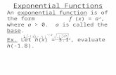 Exponential Functions An exponential function is of the form f (x) = a x, where a > 0. a is called the base. Ex. Let h(x) = 3.1 x, evaluate h(-1.8).
