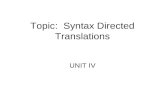 Topic: Syntax Directed Translations UNIT IV. Syntax-Directed Translations Translation of languages guided by CFGs Information associated with programming.