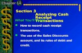 Section 3Analyzing Cash Receipt Transactions What You’ll Learn  How to record cash receipt transactions.  The use of the Sales Discounts account, and.