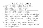 Reading Quiz 1.Water molecules have the ability to form weak attractions called __________ bonds with each other. 2.Water has a partially negative charged.