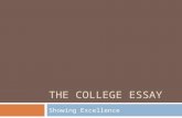 THE COLLEGE ESSAY Showing Excellence. The Basics  The essay tells a story about the applicant  The essay never tells the reader directly  Instead,
