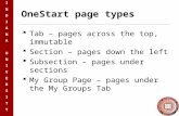 INDIANAUNIVERSITYINDIANAUNIVERSITY OneStart page types  Tab – pages across the top, immutable  Section – pages down the left  Subsection – pages under.
