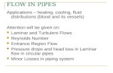 FLOW IN PIPES Applications – heating, cooling, fluid distributions (blood and its vessels) Attention will be given on: Laminar and Turbulent Flows Reynolds.